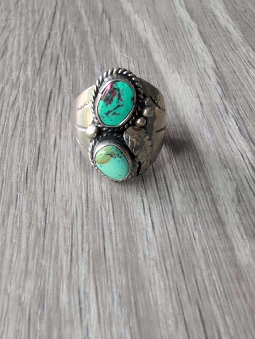 Vintage Sterling Silver Turquoise Double Stone Statement Ring - Turquoise